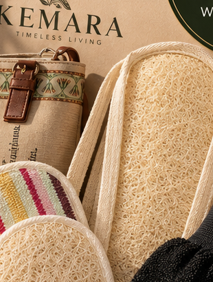Close-up of natural Egyptian body loofah and cotton self-care pieces from KEMARA